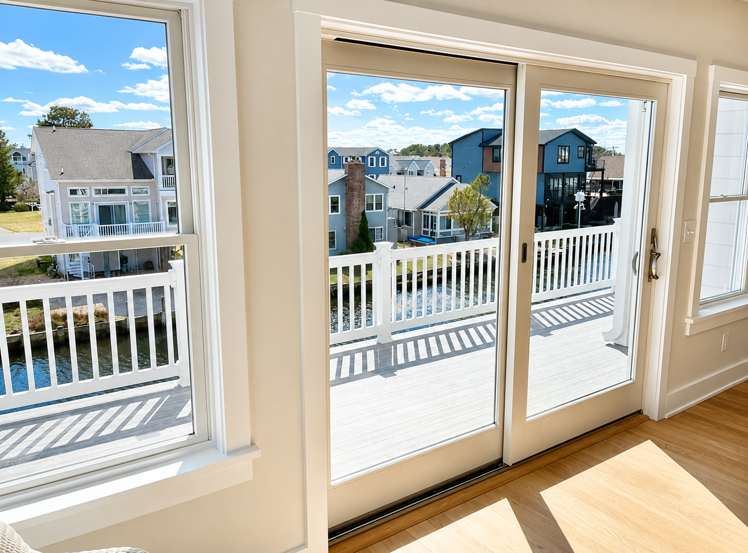 Window film installation on patio sliding doors at coastal Delaware property